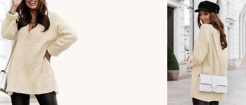 Imily Bela Womens Loose Sweaters Sexy V Neck Long Sleeve Solid Knitted Jumper Pullover Sweatshirt Tops