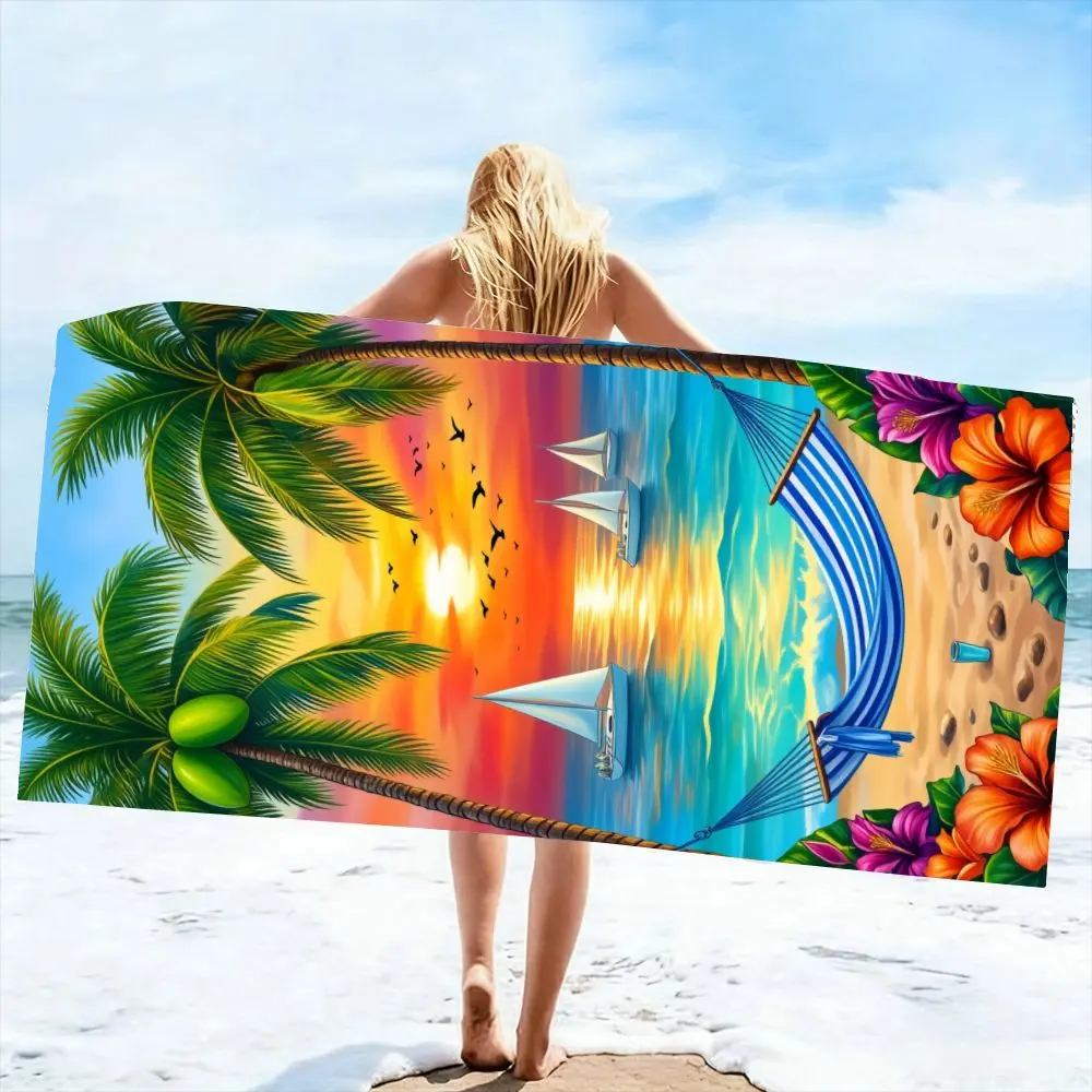 1pc Tropical Sunset Beach Towel, Vibrant Palm Trees & Hibiscus Pattern Beach Blanket, Soft Absorbent Sand-Free Beach Mat for Swimming Camping Sunbathing, 70.87x31.1 Inches, Design Beach Towel