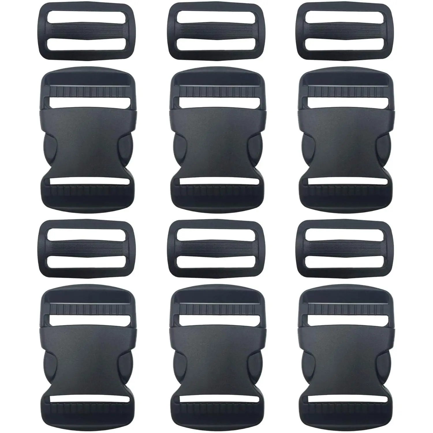 6 Set 1.5 Inch Flat  Adjustable Plastic Quick Side Release Plastic Buckles and Tri-glide Slides for Luggage Straps   Backpack Repairing (Black, Fit For 1.5"/38mm Webbing Straps)