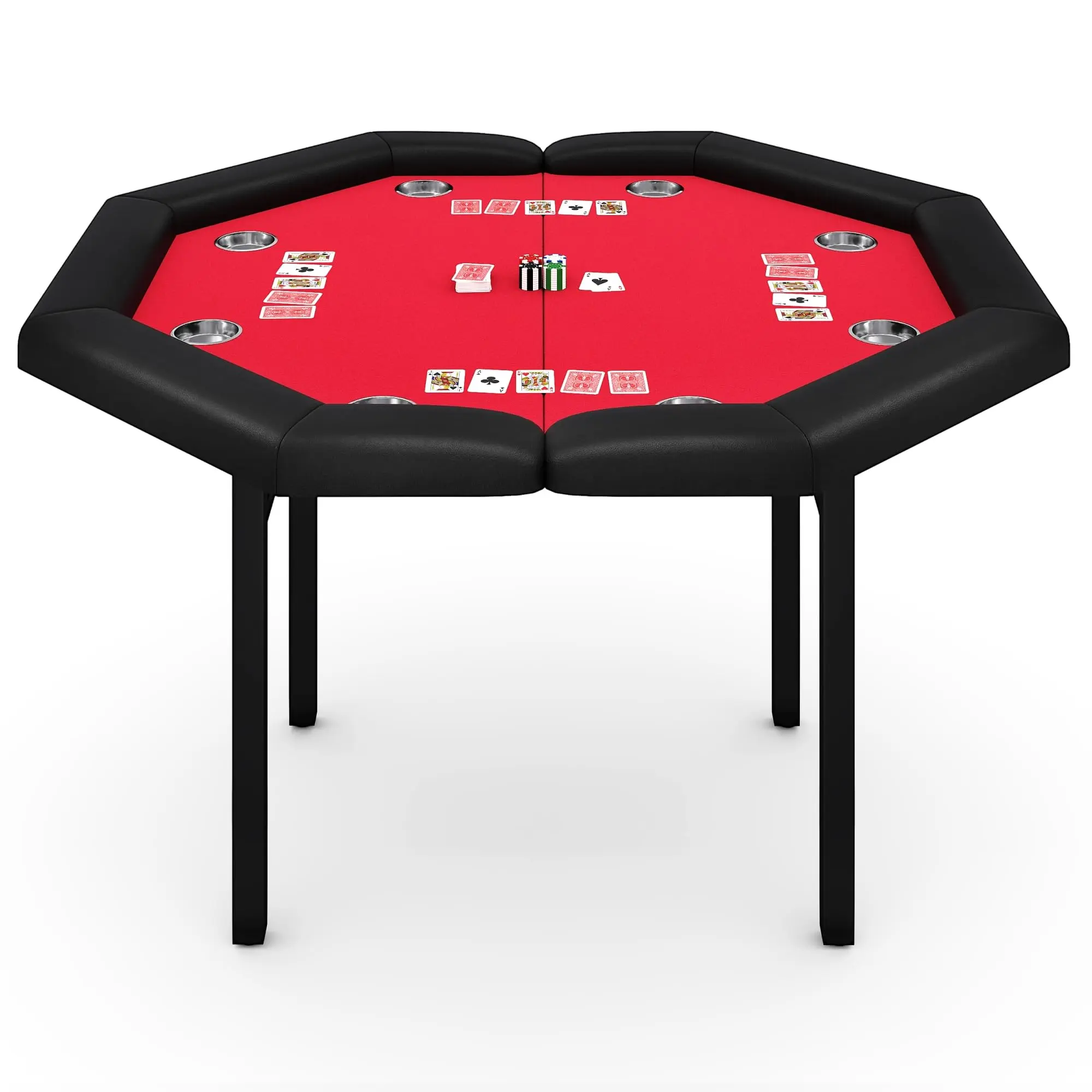 48" Poker Table Foldable, 8-Player Casino Table with Padded Rails, Stainless Steel Cup Holders ＆ Folding Metal Legs, Octagon Poker Card Board Game Table for Family Game Casino, Red
