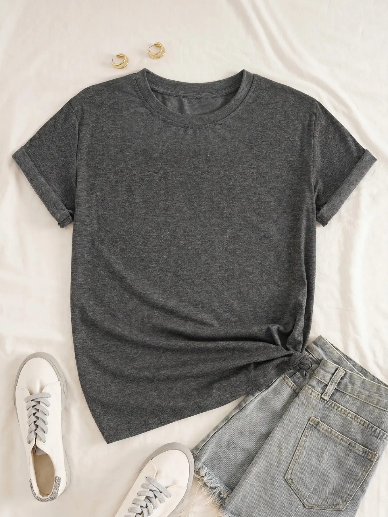 Women's Slouchy Heather Gray Crew Neck Loose Casual Versatile Short Sleeve T-Shirt Tops