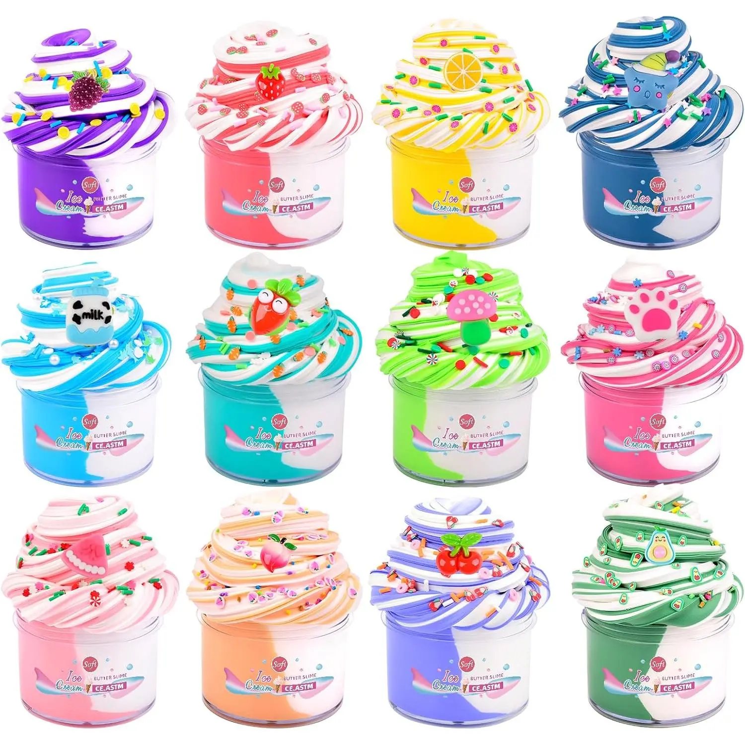 Dual Colored Butter Slime Kit 12 Pack, Scented, Stretchy, Non-Sticky, Premade Slime with Peach, Strawberry, Avocado Charms, Perect Birthday Gifts Party Favors Stress Relieft Toy