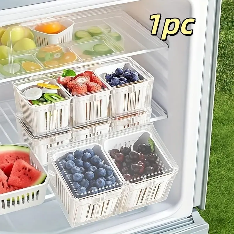 Kitchen Refrigerator Accessories Set, Fruit Food Storage Containers, 3 Transparent Removable Dividers, Ideal for Fridge, Salad, Vegetables, Fridge Organizer Storage