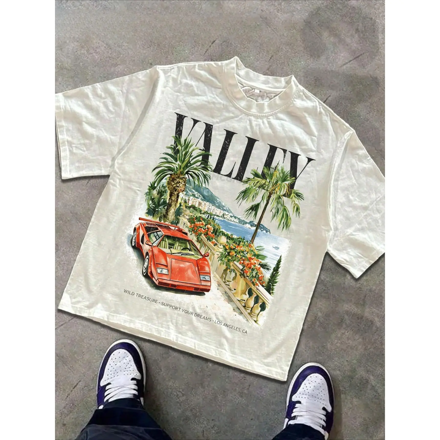 "Valley" Retro Coastal Sports Car Graphic Tee, Vintage Red Lamborghini & Palm Tree Print, Off-White Casual Streetwear T-Shirt