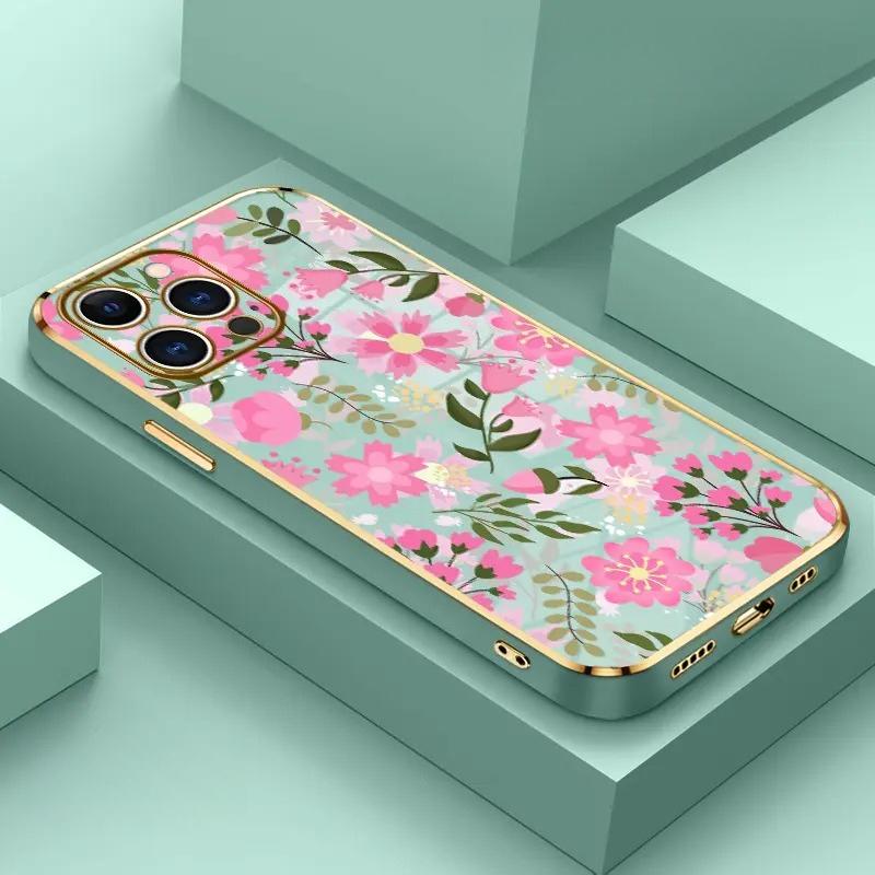 Phone Case  Floral Delight Dream Luxury Golden Edge Elecroplated TPU Camera Lens Protection Shockproof Phone Cover Gift Smartphone Casing for iPhone 17 15 Pro Max 16 14 Plus 13 12 Pro Max