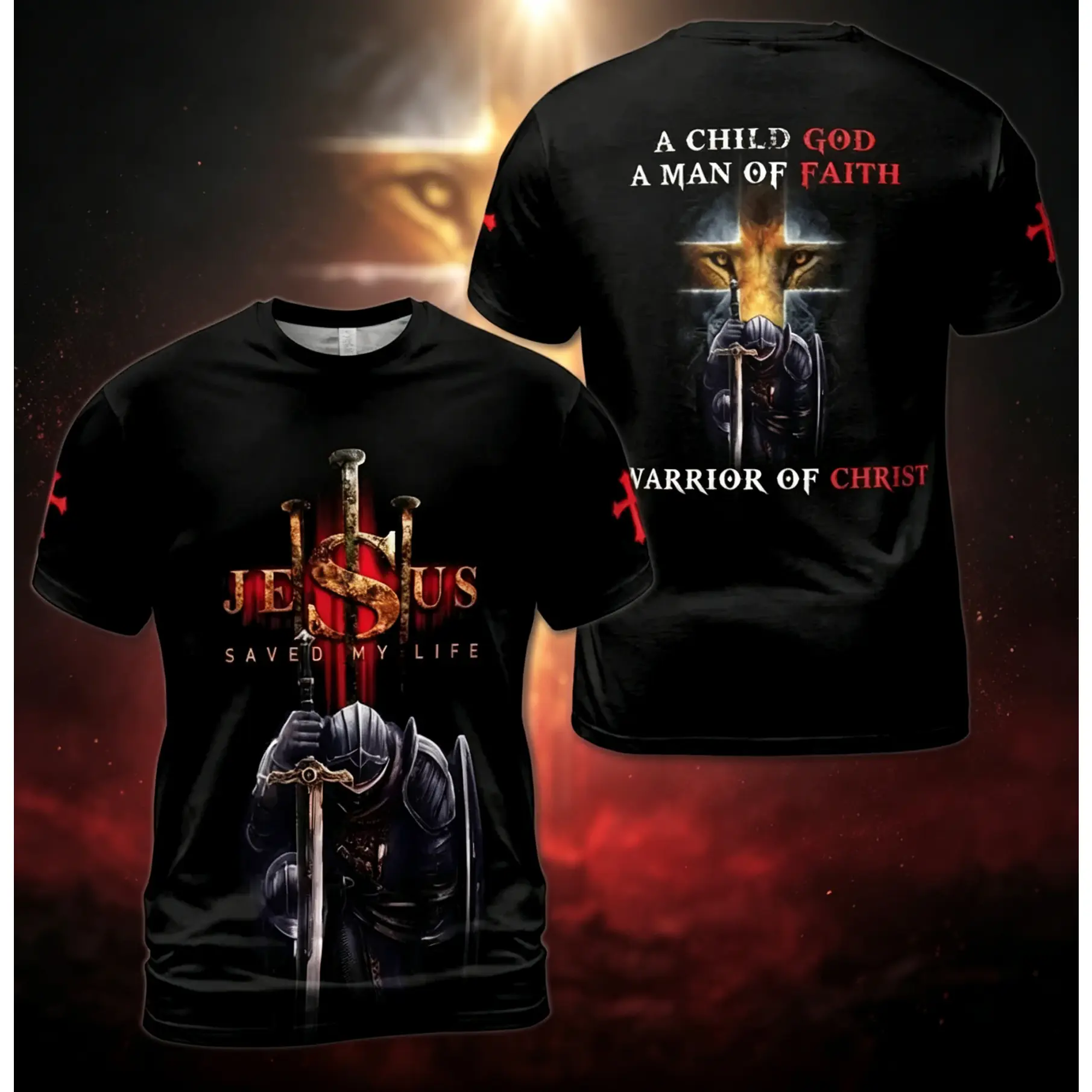 Warrior Of Christ Knight T Shirt,Jesus Saved My Life,Lion Cross 3D Print Front Back Double Sided Short Sleeve Tee,Faith Religious Christian Clothing #   TikTokMadeMeBuyIt #   TikTokShop # WarriorOfChrist # JesusTshirt # ChristianClothing