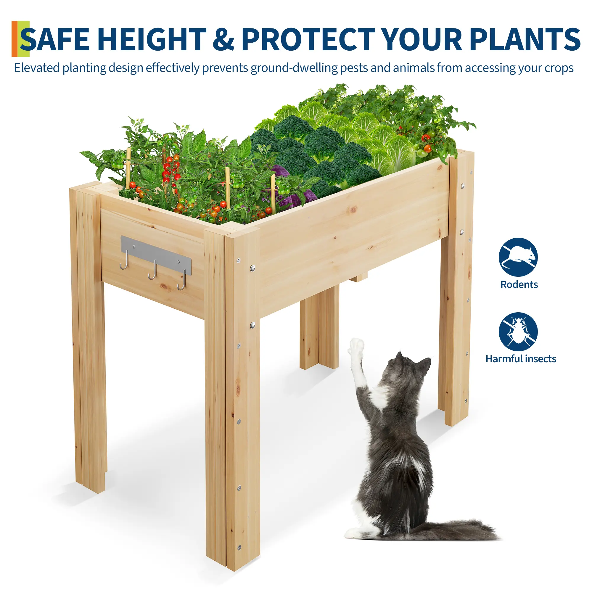 Elevated Fir Wood Raised Garden Bed – Durable Planter Box with High Legs, Hooks & Non-Woven Liner – Outdoor Flower Box for Vegetables, Herbs, Patio, Backyard