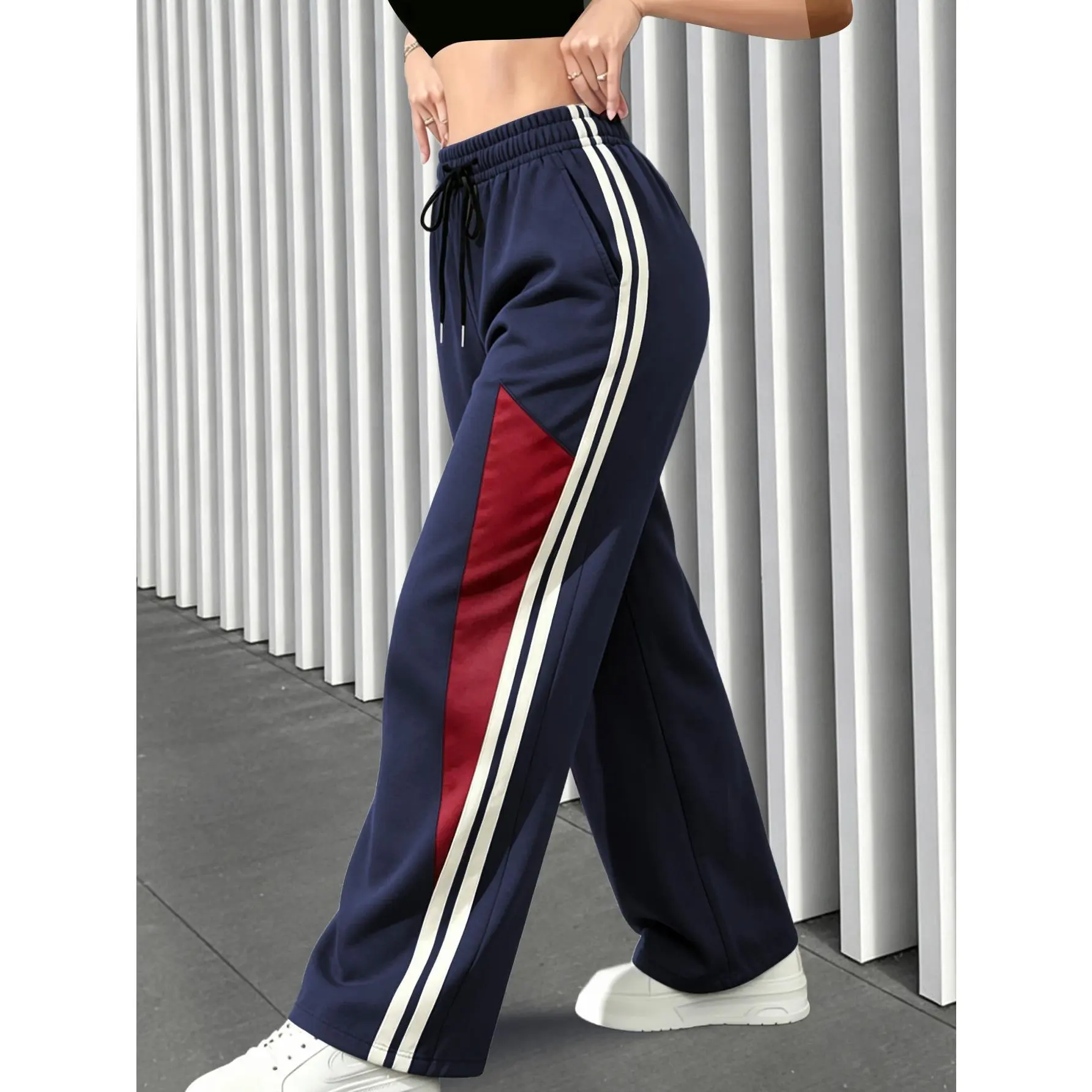Women Color Block Side Stripe Wide Leg Track Pants, Elastic Drawstring Waist Breathable Lightweight Casual Joggers
