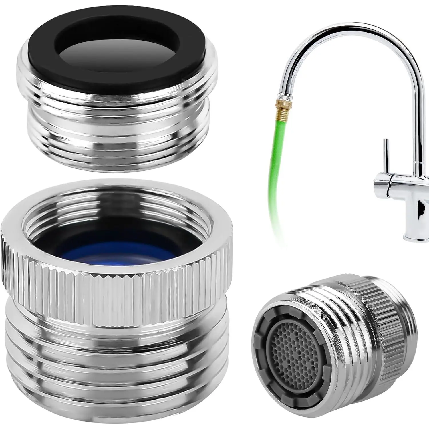 Chrome Brass Faucet Adapter Kit with Aerator - 3/4" Ght Thread, Connects Sink Faucet to Garden Hose for Bathroom, Kitchen, Outdoor Use, 3/4" Thread, Connect Faucet