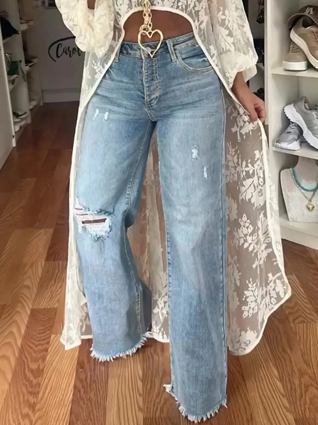 Light Wash High Waist Full Length Wide Leg Distressed Jeans For Women Casual