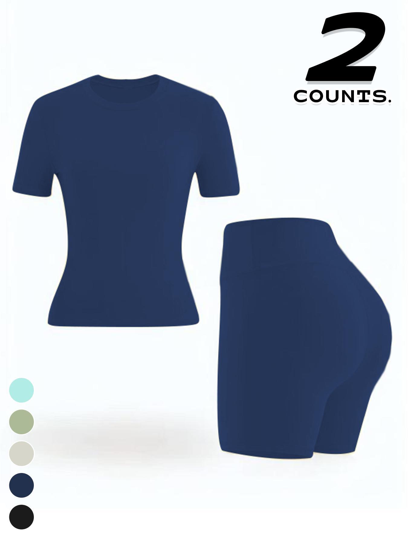 Women's Two-piece Set, Solid Color Tee & High Waist Skinny Shorts Tracksuit Set, Sporty Casual Breathable Set for Yoga Gym, Ladies Summer Sportswear, Activewear, Workout Running Clothes Women's Two-piece Set, Solid Color Tee & High Waist Skinny Shorts Tracksuit Set, Sporty Casual Breathable Set for Yoga Gym, Ladies Summer Sportswear, Activewear, Workout Running Clothes