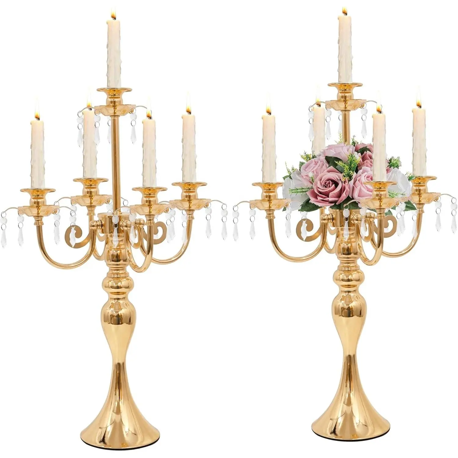 5 Arm Black Candelabra Centerpiece for Table, 20.3” Tall Metal Candlestick Candle Holder for Taper Candles, Gothic centerpieces for Tables, Wedding, Party, Reception (Gold, 2pcs)