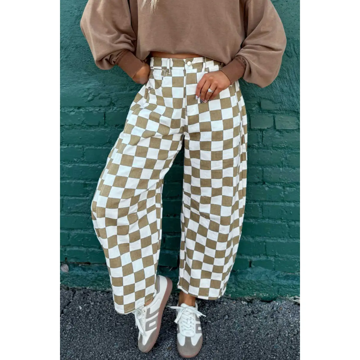Women's Plaid Cotton Elastic-Fit Casual Denim Barrel-Bottom Pants - Stylish Design for Day Wear, Style, Barrel Leg Pants, Pants For Women