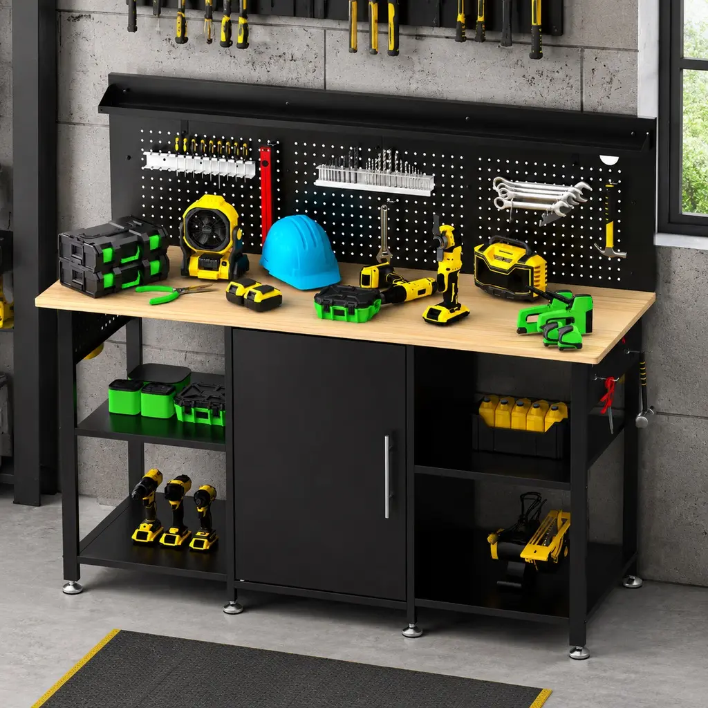 60 Inch Heavy Duty Garage Workshop Workbench with Storage Cabinet, Wooden Top, 2000 lbs Capacity, Pegboard, Power Outlet, Black MDF-Metal, Single Box, 18.70 W x 59.30 D x 44.50 H in, 95.60 lb, Assembly Required
