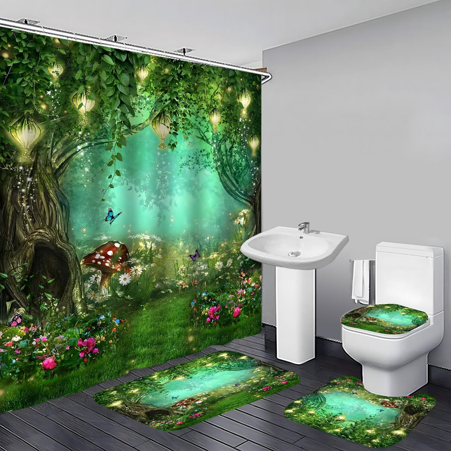 Forest Flowers Tree Pattern Shower Curtain Set, 1 Count Shower Curtain/4 Counts Shower Curtain & Toilet Mat & Bath Mat & Toilet Lid Cover Set, Bathroom Shower Equipment, Bathroom Decor Supplies for Home Dormitory Hotel Salon