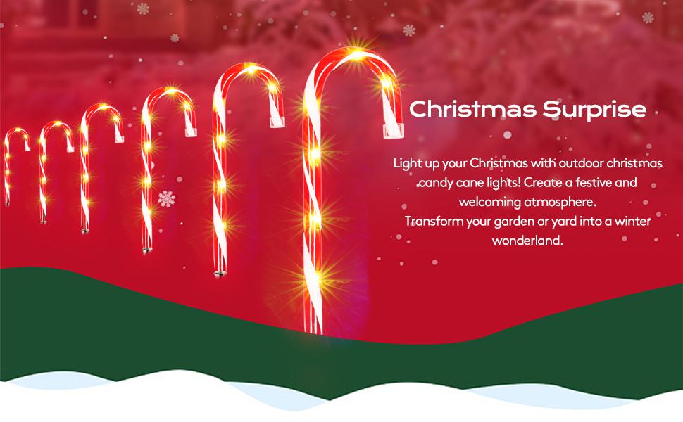 Candy Cane Christmas String Lights, Connectable Pathway Lights, 10-Piece Pathway Light Set Ideal for indoor/outdoor pathways, patios, gardens, lawn decorations, Christmas tree decorations, garden holiday decorations, and outdoor decor QH Red Ornaments