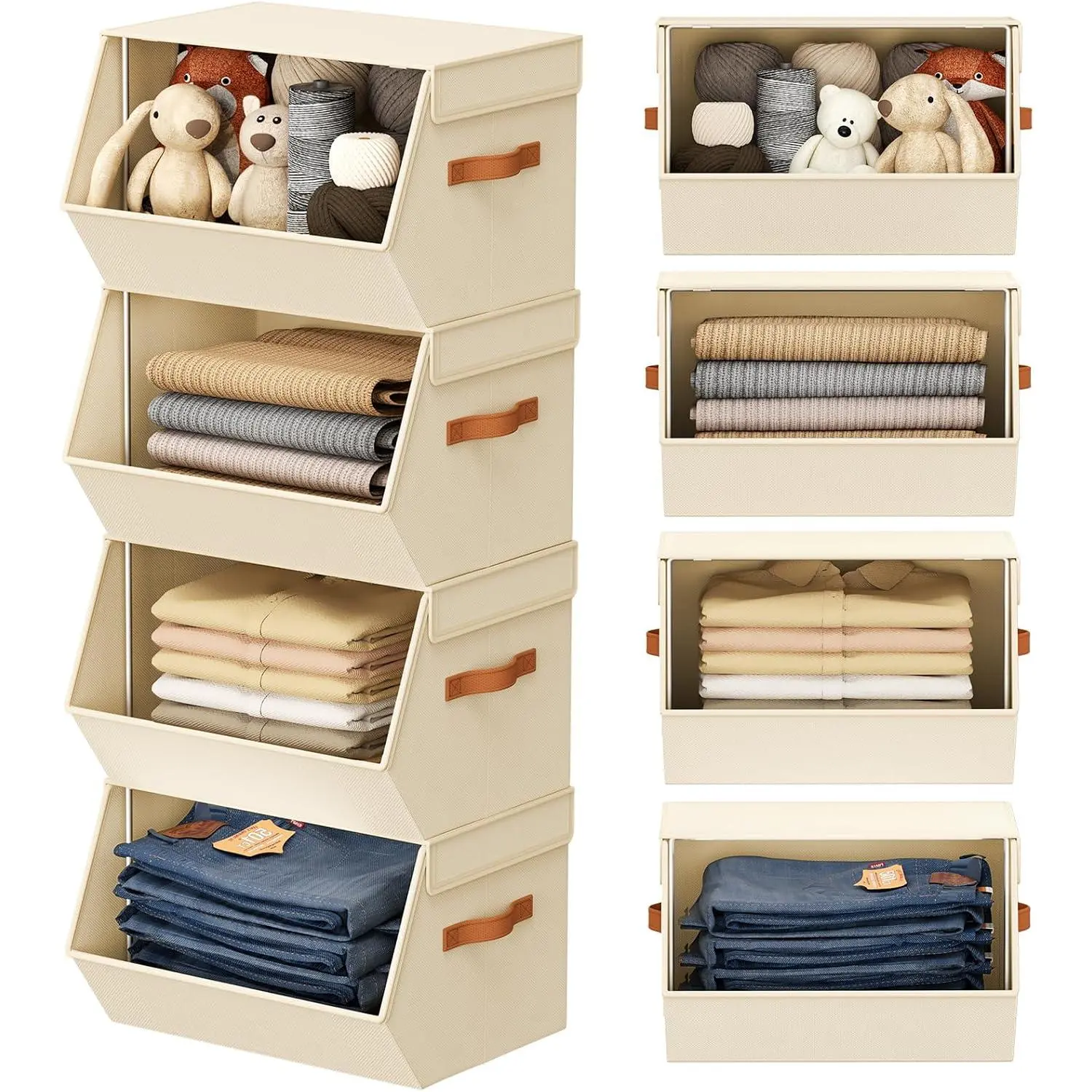 Stackable Closet Organizers and Storage Bins, Open Front Closet Shelf Organizer System With Steel Frame, Clothes Storage Basket Fabric, Collapsible Closet Drawers for Wardrobe,  ,, 4 Pack
