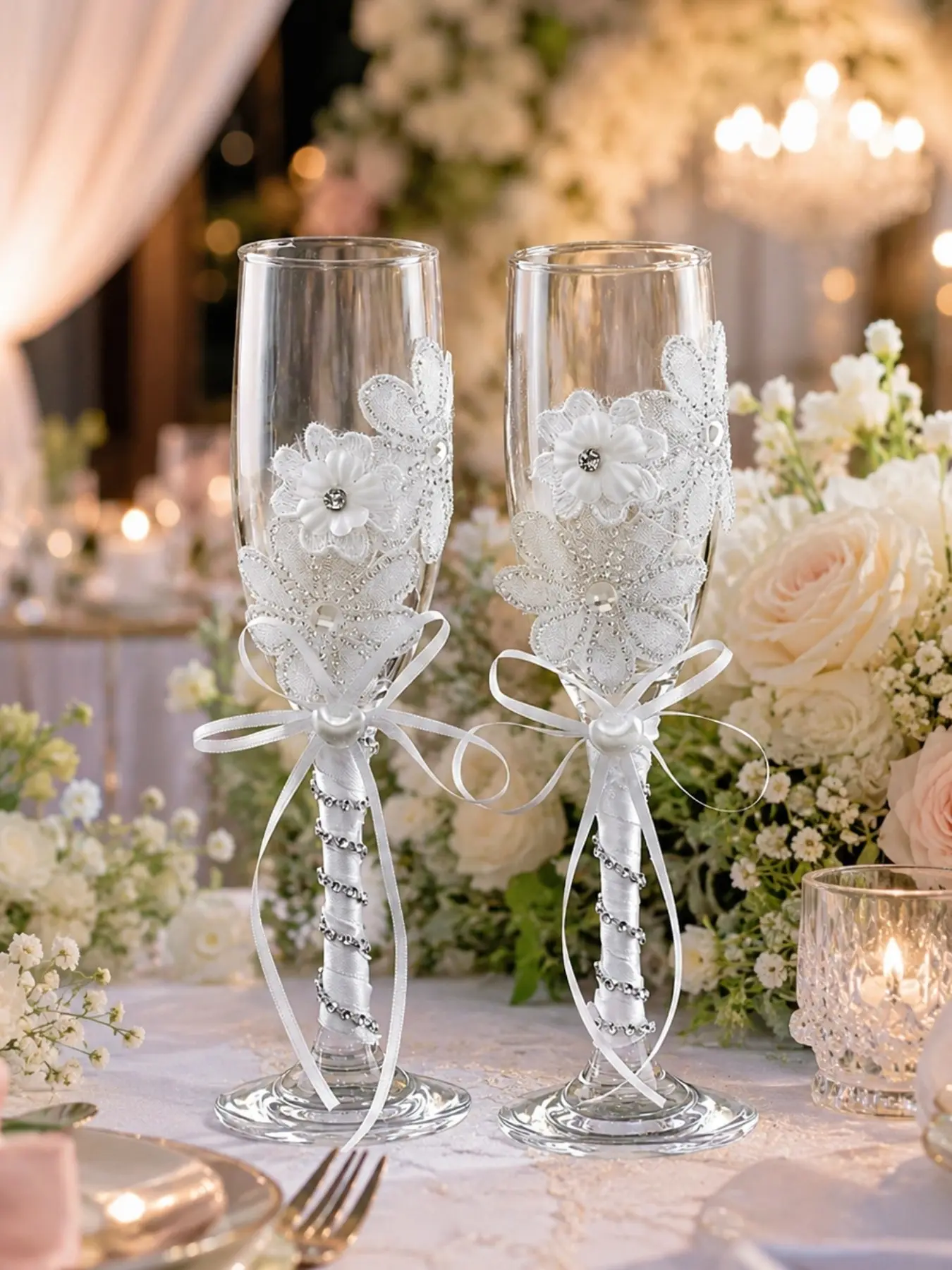 Elegant handmade wedding champagne glass set of 2, white lace-flower rhinestone-ribbon bow decoration-bride and groom toast glass, reusable, suitable for wedding reception, engagement, anniversary, shower, couple gift, bar, party, etc