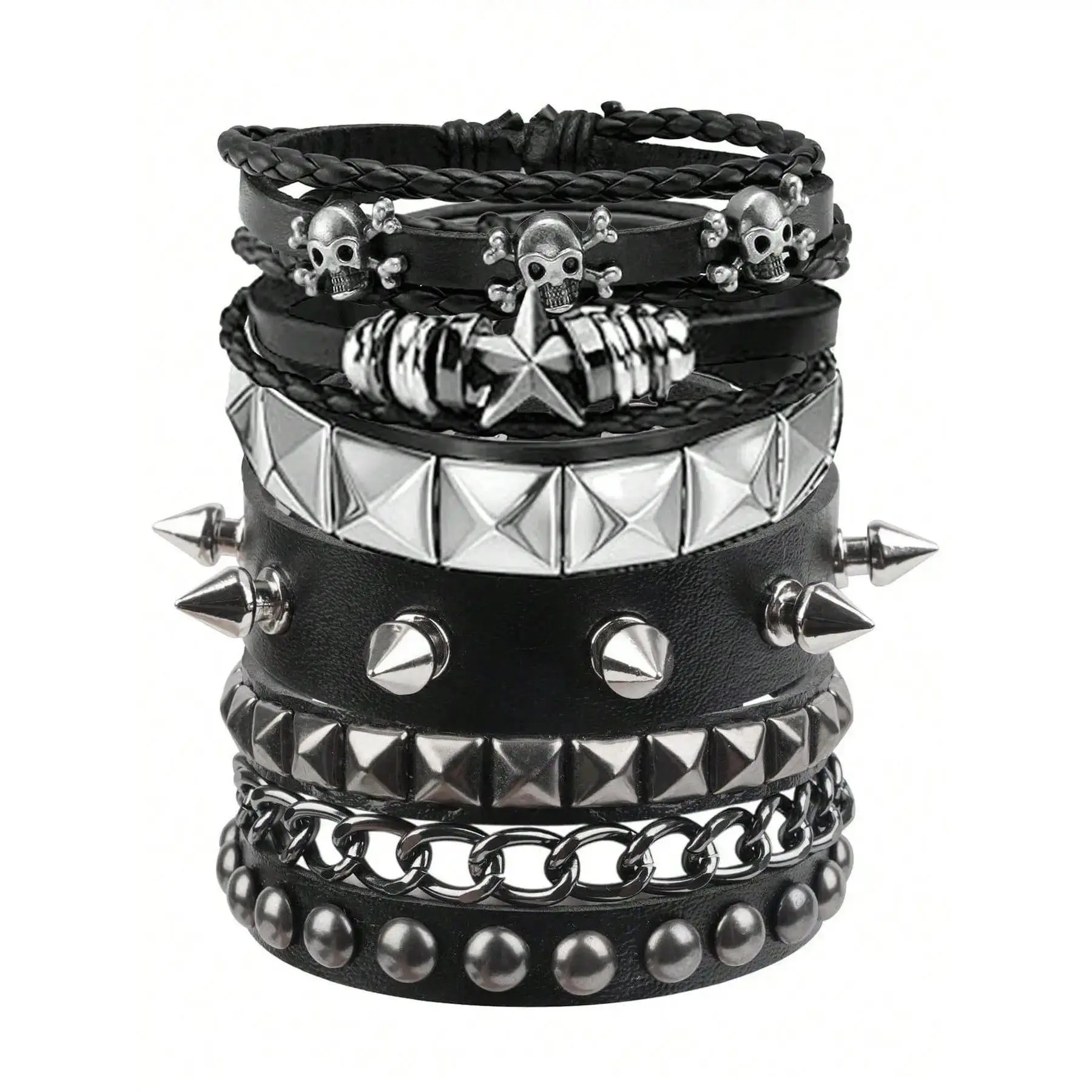 Y2K Punk Bracelet Set, 5PCS PU Leather Studded Rivet Wristbands, Gothic Grunge Stackable Cuff Bracelets, Adjustable Spiked Jewelry for Concert, Festival, Cosplay, Streetwear Party Outfit