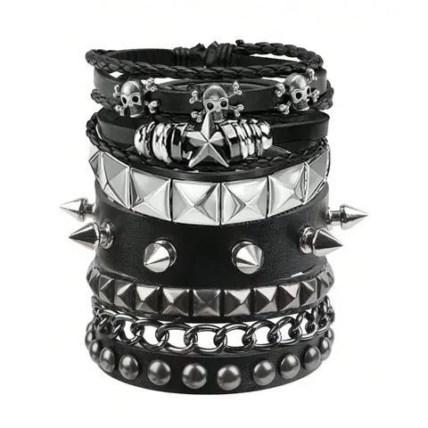 5PCS Synthetic PU Leather Studded Rivet Stackable Black Bracelets - Adjustable Spiked Y2K Punk Gothic Grunge Wristbands, Concert Party Streetwear Jewelry, Black Bracelet