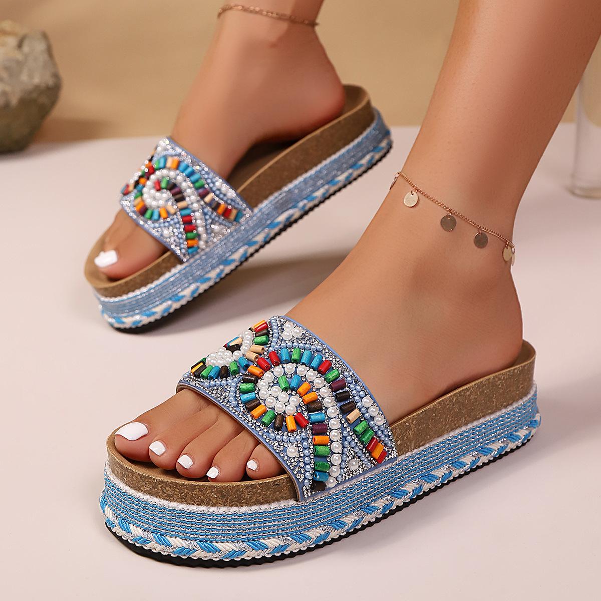 Women's Platform Sandals Summer Beach Slides with Pearl Embellished Cork Wedge Soft Sole Slippers Large Size Comfort Outdoor Shoes Ethnic Style Fashion Footwear for Women