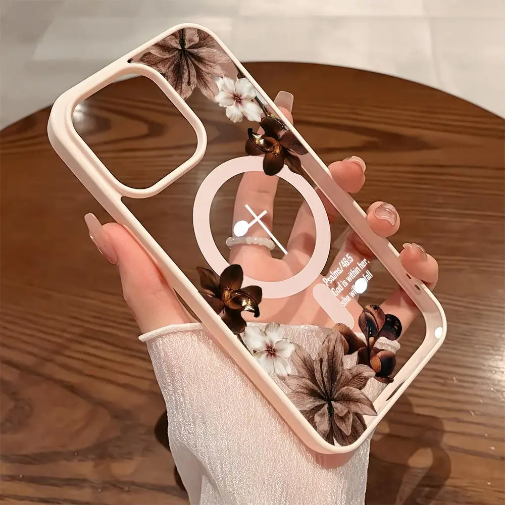 Premium Magnetic Phone Cases for iPhone11/12/13/14/15/16//17/Air/promax/Plus Vintage Floral Aesthetics Christian Psalms 46:5 Cross y2k cased MagSafe Ready, Anti-Fall, Springtok and Ultra-Thin Design
