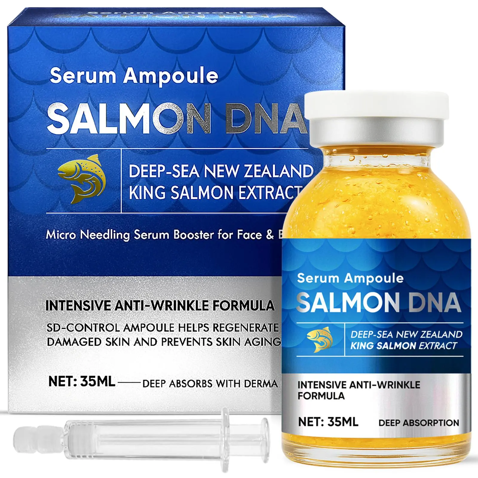 Salmon DNA Ampoule Serum - Advanced Anti-Wrinkle and Skin Repair Treatment for Face & Body, Collagen Boosting & Firming Formula for All Skin Types, Microneedling Safe, 1.2 fl oz / 35 ml