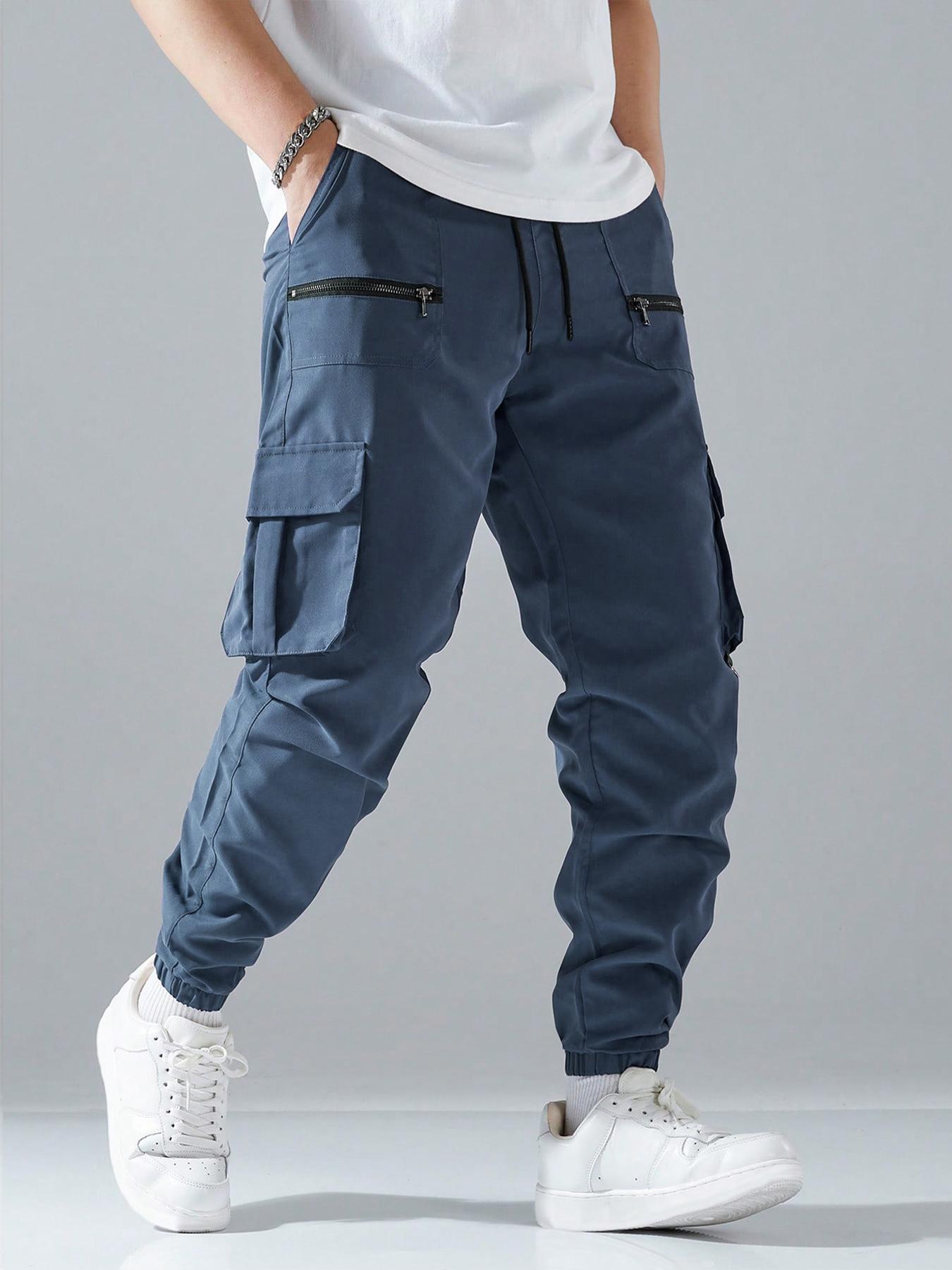 Men's Loose Solid Pocket Drawstring Waist Cargo Pants, Street Fashion Zipper Jogger Pants For Daily Wear, Casual Men's Trousers For All Seasons