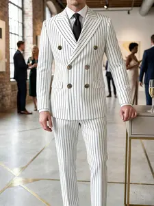 Men's 2-Piece Blazer Set, British Style Striped Double-Breasted Suit Jacket and Pants, Business Casual, Formal Wear, Classic, Wedding Party, Evening Event