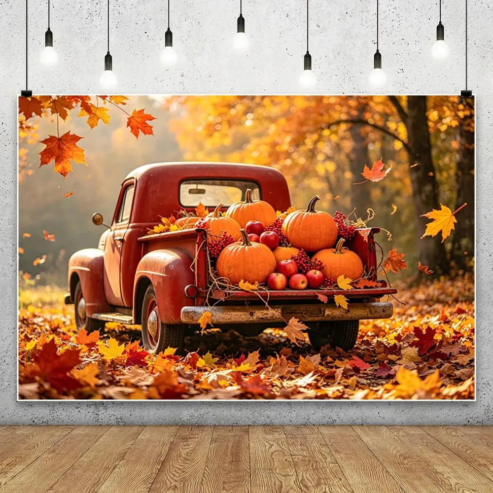 Autumn Truck Photography Background Fall Scenery Maple Leaves Pumpkin Adult Children Thanksgiving Day Party Decor Photo Backdrop