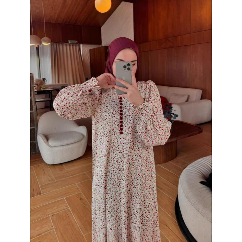 2026 Muslim Women's Clothing Spring and Autumn New Small Floral Long-sleeved Pendulum Dress