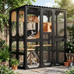 Large Catio Outdoor Walk in Cat Enclosure 70'' Extra Large Cat Shelter – Extra Large 2-in-1 Walk-in Wooden Cat House with Weatherproof Roof, 6 Doors, Multi-Level Platforms, Hammock, Resting Box & Scratching Post