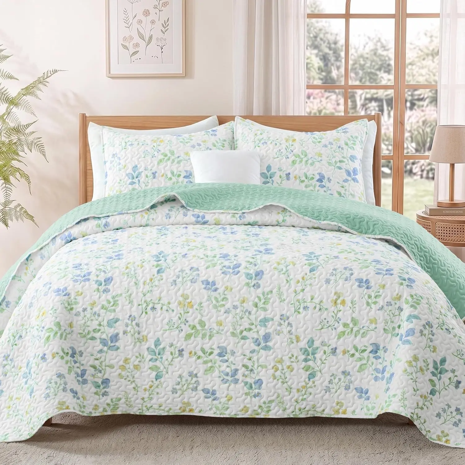 Floral Reversible Quilts Queen Size Bedding Set, White | 3-Piece Lightweight Quilted Bedspreads, Soft Microfiber, All-Season Vintage Botanical Coverlets for Bedroom Dorm (92"x96")Gift
