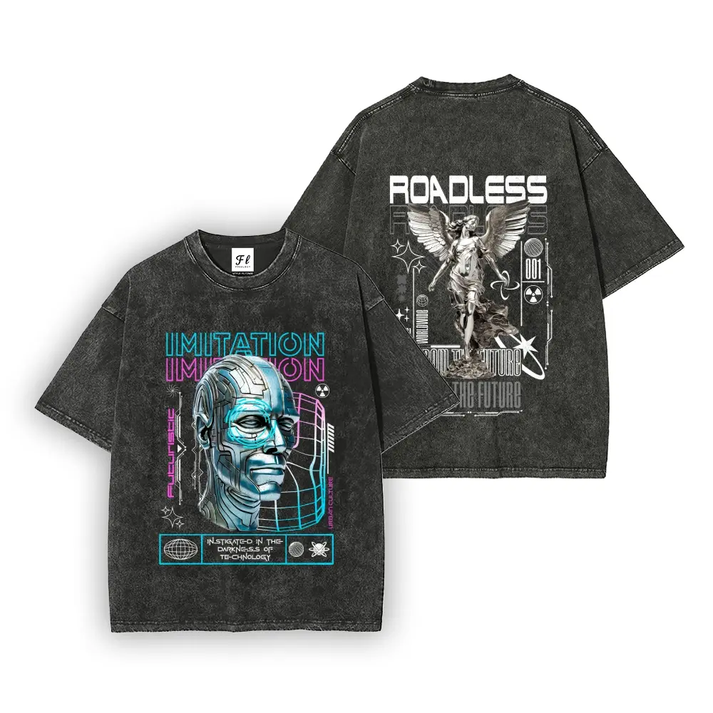 Double Sided Futuristic Cyberpunk Robot Head Imitation & Roadless Angel Sculpture Print Acid Washed Vintage Oversized Tee Unisex Loose Y2K Tech Graphic Casual T Shirts Multi Colors for Men Women Alt Streetwear Gift