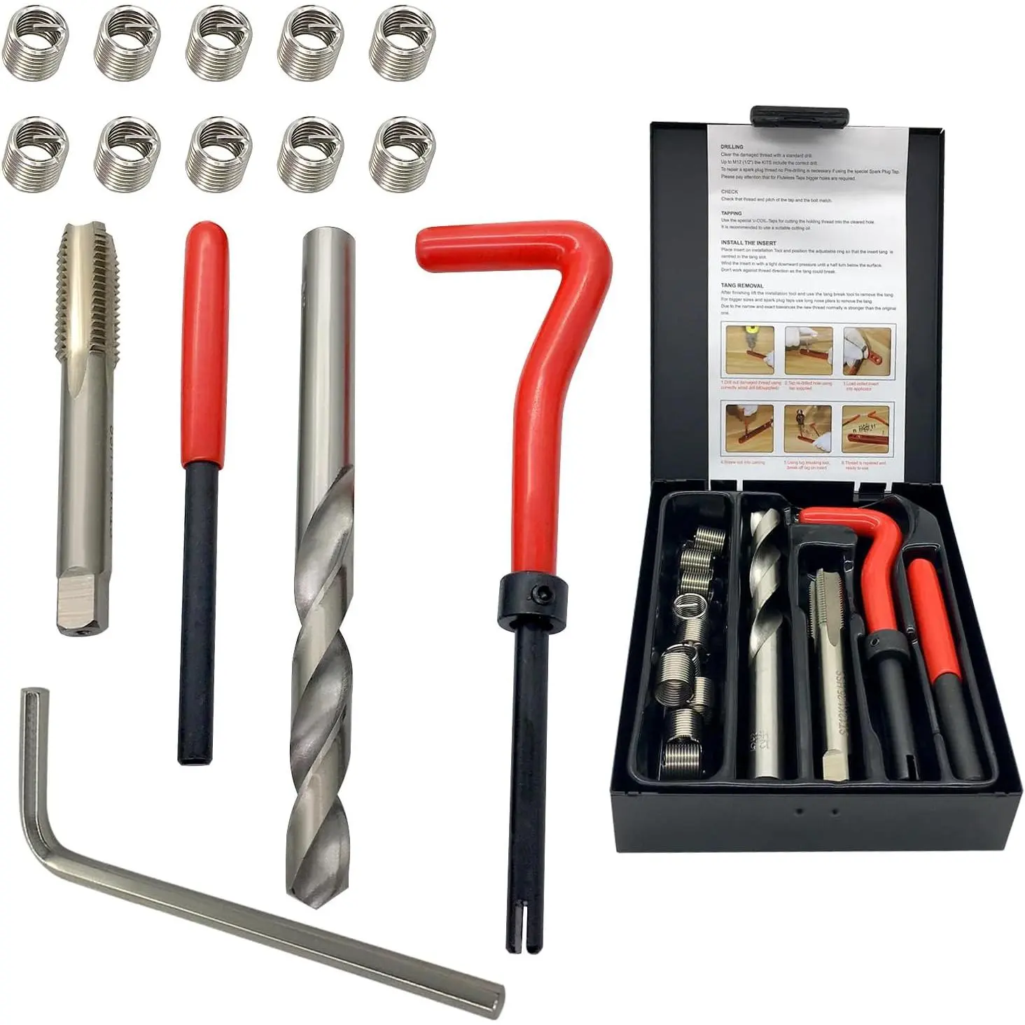 3/8-16 Inch Thread Repair Kit, Helicoil Thread Inserts Taps Kit with HSS Drill Bits Compatible Hand Tool Set for Damaged Thread & Auto Repairing(SAE)