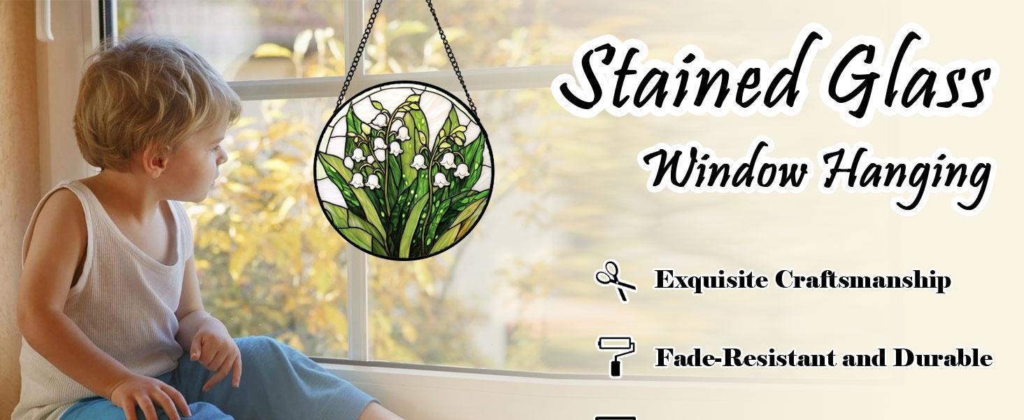 Stained Glass Window Hanging, Lily of the Valley Flower Sun Catchers Colorful Glass Panel Green Plants Suncatcher Decor for Birthday for Women,Men,Wife, Lovers, and Mom 6.3 in