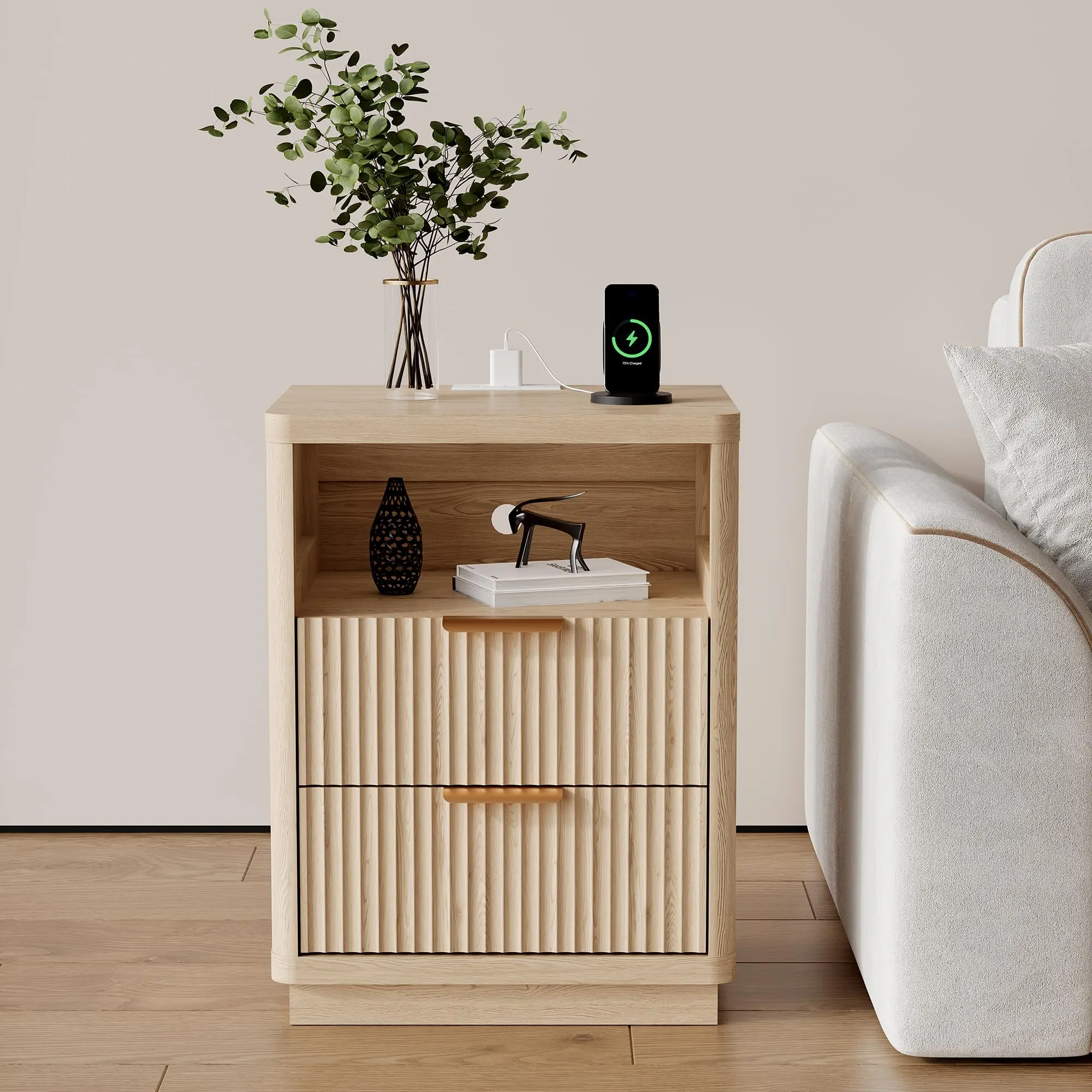 Fluted Nightstand with Charging Station, Mid Century Modern Fluted Nightstand, Wooden Night Stand With Drawer, Modern End Table with Curved Corners