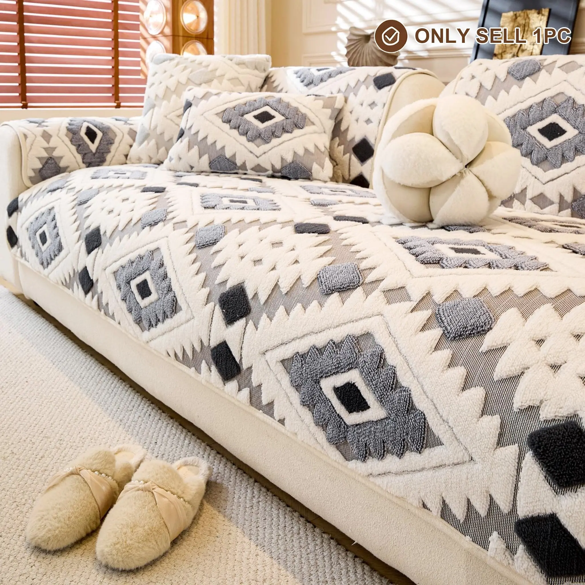 Bohemian Style Plush Quilted Sofa Cover, Anti-Slip Modern Washable Pet-Friendly Decorative Sofa Protector, Warm Comfortable Living Room Decor