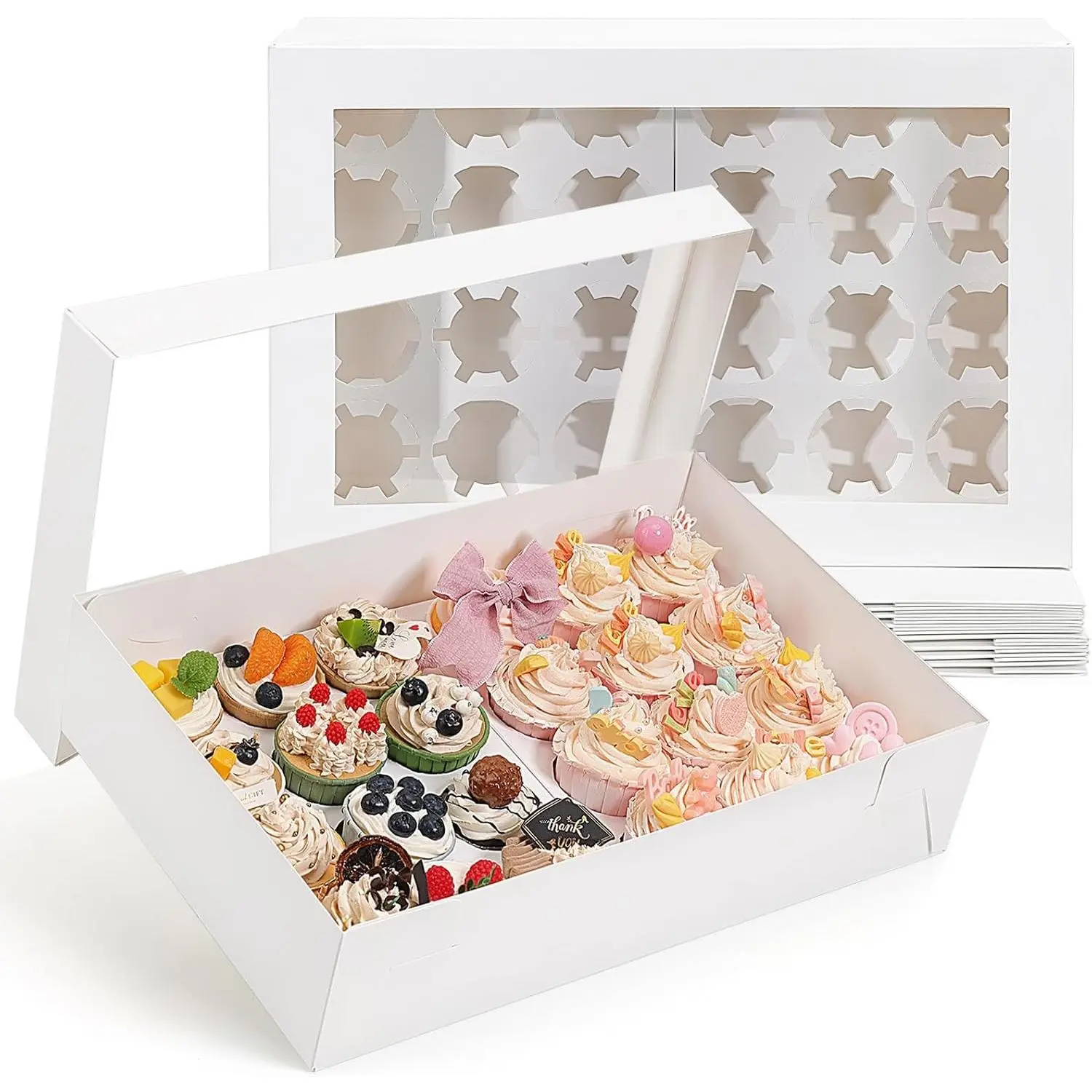 6 Pack Cupcake Boxes with Window for 24 Standard or Mini Cupcakes | Heavy-Duty Cardstock, 17.5x11.5x4 Inch Mini Cupcake Container Ideal for Birthday Holiday Party and Dessert Packaging