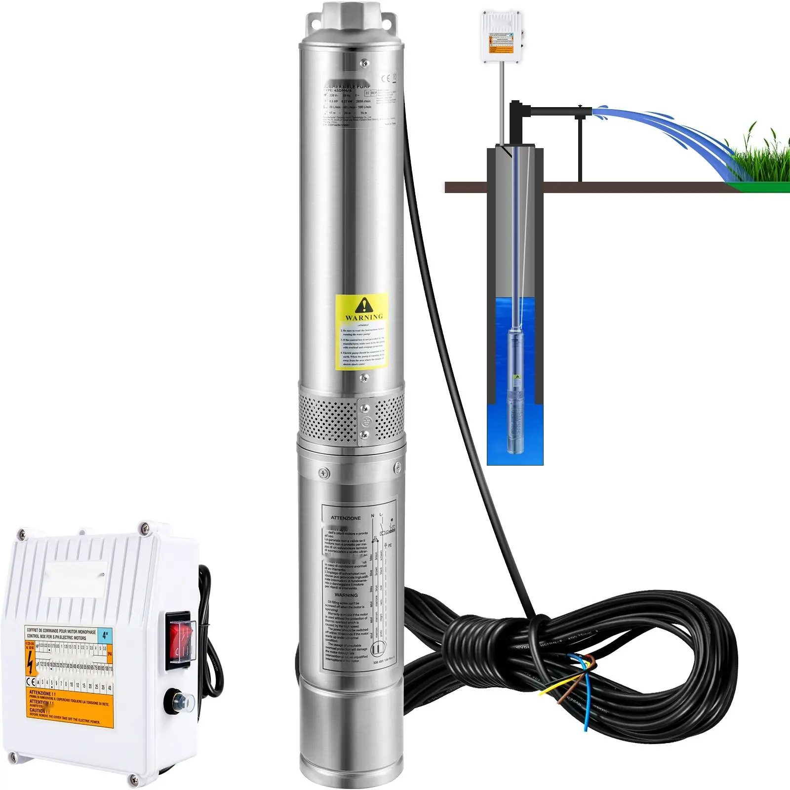 Deep Well Submersible Pump, 3 HP, 230V/60Hz, 37 GPM, 640 Ft Head, 33 Ft Cord, External Control Box, 4-Inch Stainless Steel Water Pump for Industrial, Irrigation and Home Use, IP68 Waterproof