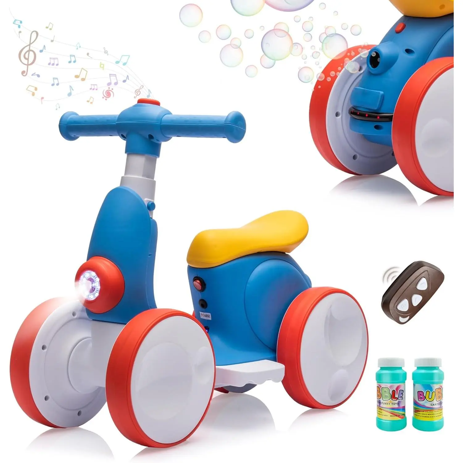 6V Electric Baby Balance Bike with Bubble Machine,4 in 1 Toddler Balance Bike w/Remote  1 Year Old Boys Girls Kids Bubble Bike Ride on Toys w/Powered Motor,Music,LED Lights (Blue&Red)