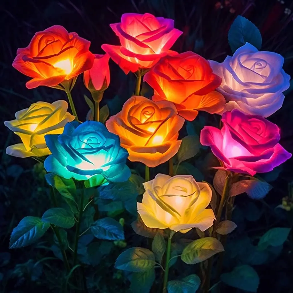 Outdoor Waterproof Solar Flower Lights (4-Pack) – Featuring 20 Artificial Roses, Color-Changing LEDs, Auto On/Off, and IP65 Waterproof Rating – Decorative Landscape Lighting for Gardens and Patios