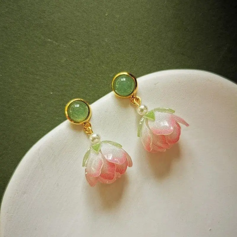 Unique Lotus Flower Drop Earrings Women Elegant Pink Lotus Earrings Chinese Style Statement Jewelry Wholesale Custom Packaging