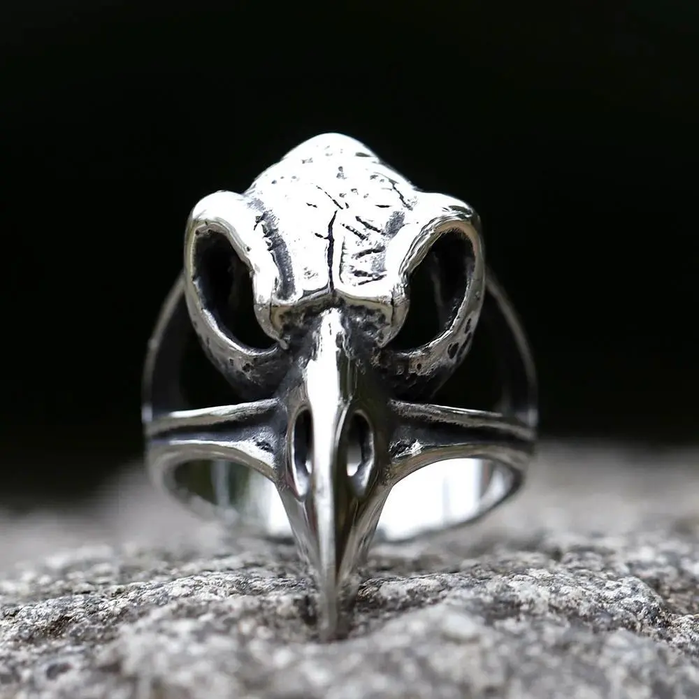 Viking Stainless Steel Ring for Men, Animal Shaped Amulet with Odin's Raven and Thor's Hammer Design, Animal Shaped Rings