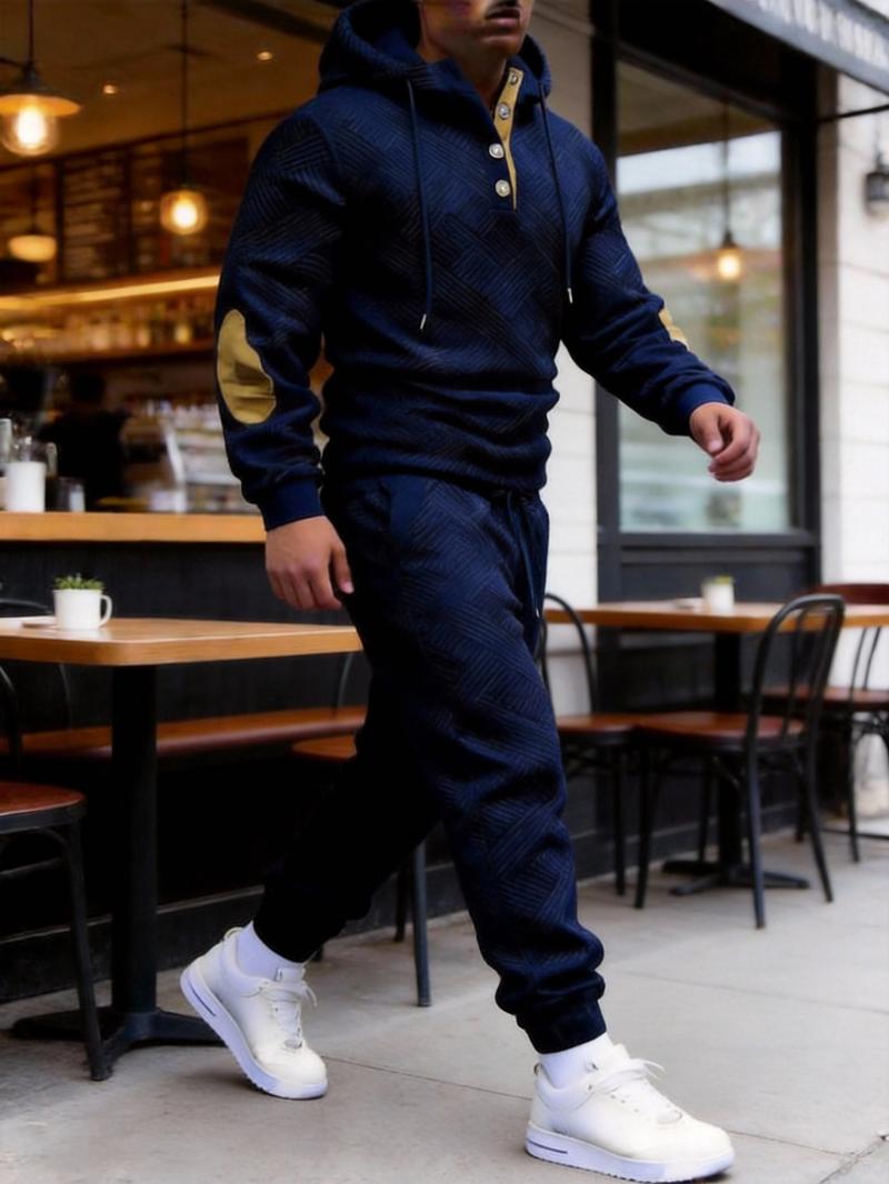 Men's 2-Piece Beige Tracksuit (Hoodie & Joggers) - Diamond Texture, Half-Button Placket (Brown Accent), Casual Stylish Outfit