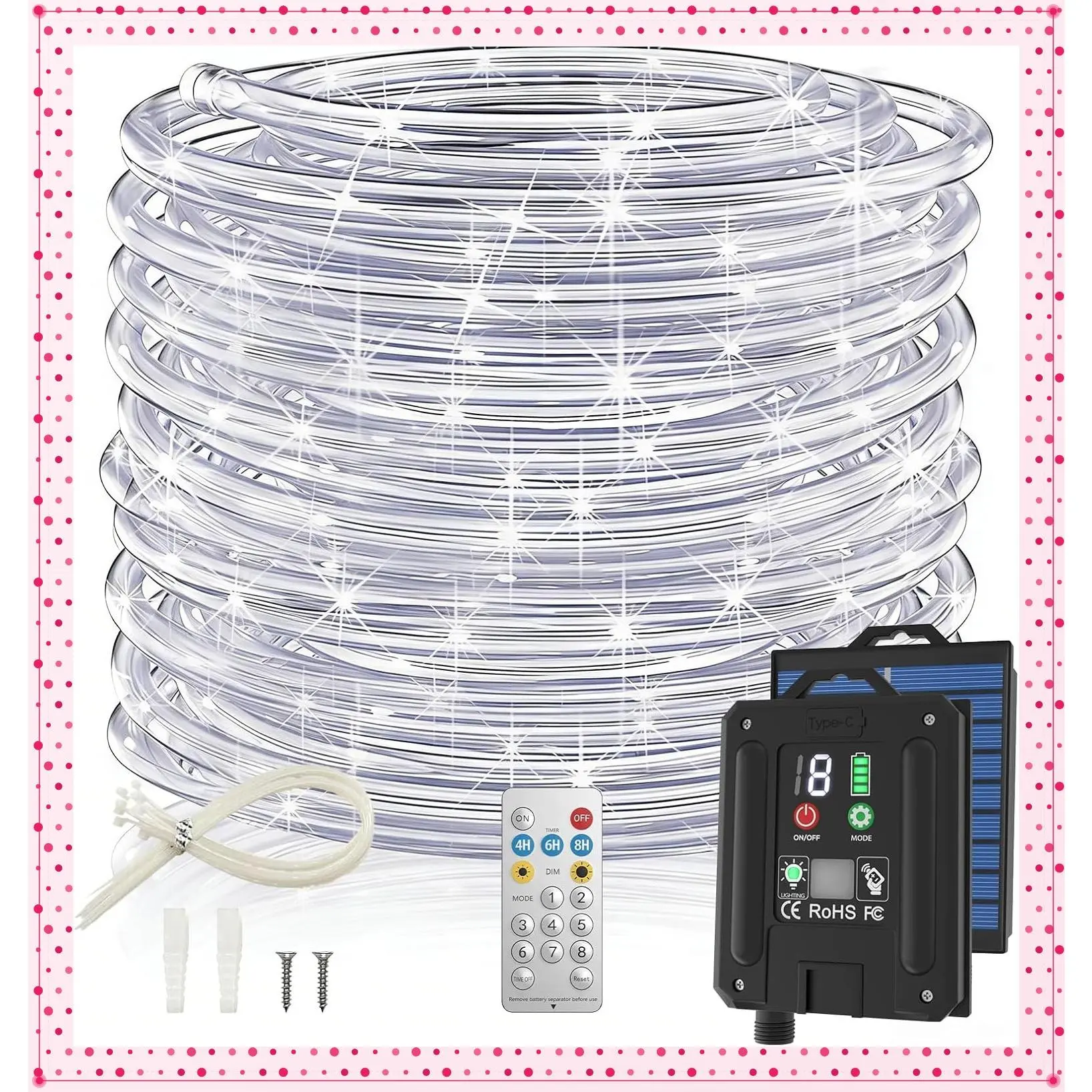 66FT Solar Rope Lights, 200 LED IP67 Waterproof Outdoor String Lights with 1800mAh Battery, Type C & Solar Charging, Remote, 8 Modes, Timer for Garden Tree Pathway Yard Pool RV Christmas Decor (White)Gift