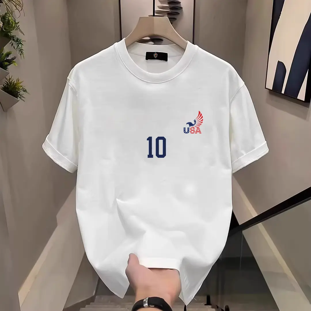 Men's 100% Cotton Short-Sleeve Loose Fit Round Neck T-Shirt - Comfy, Breathable Cotton Jersey Fabric, Machine Washable, USA Numbered Soccer Gameday Watch Parties Top, Cotton Jersey Fabric Men's Short-Sleeve T-Shirts
