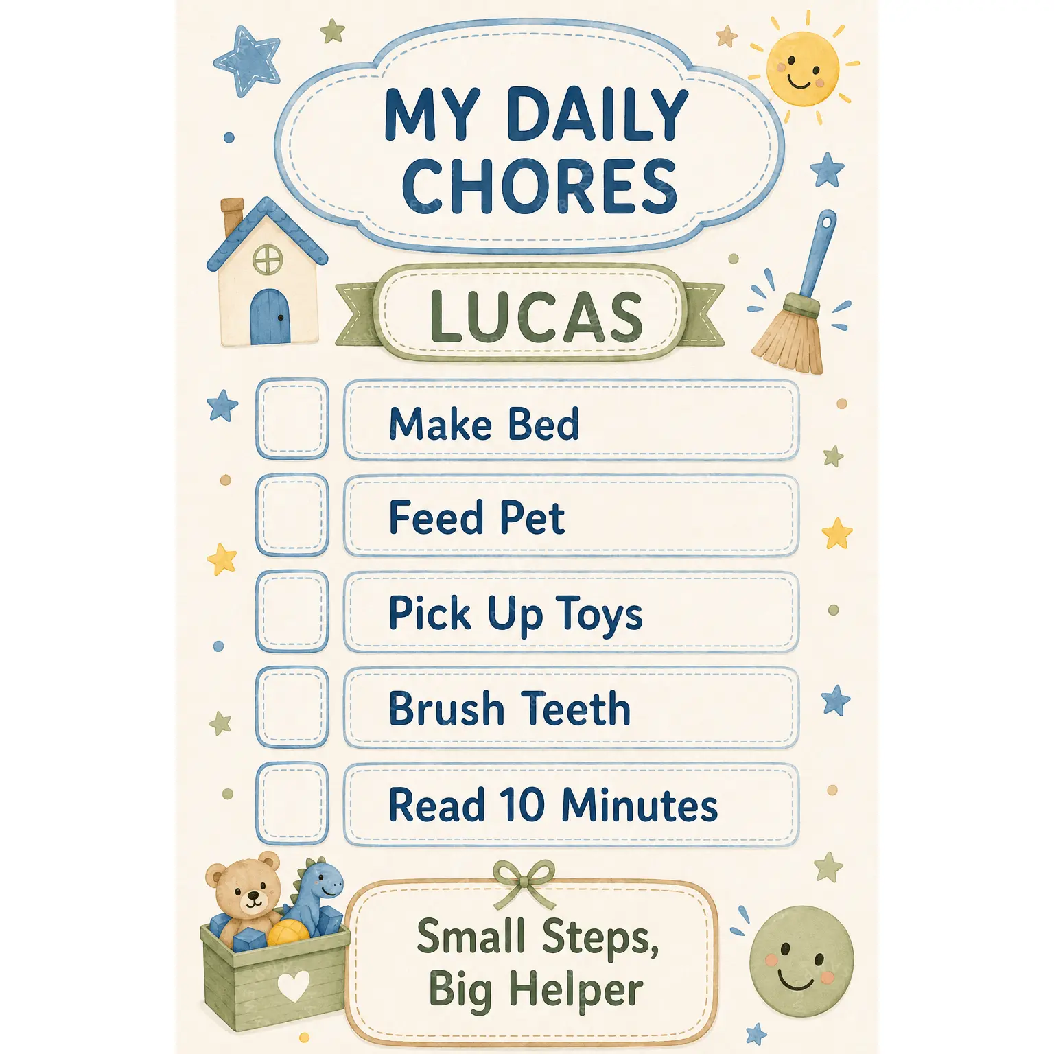 Custom Kids Chore Chart Poster, Personalized Daily Chores Wall Art, Blue Green Sun House Decor, Reward Routine Aesthetic Poster, Nursery Bedroom Playroom Wall Decor, Toddler Helper Gift