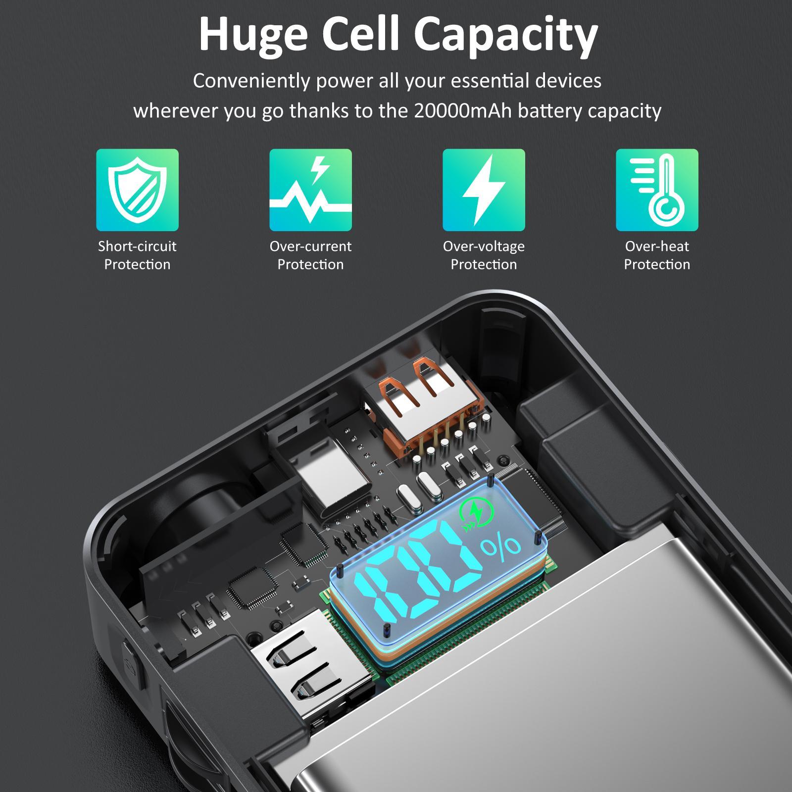 Portable Charger, 20000mAh SCP 22.5W & PD20W Fast Charging Phone Charger, Built-in Detachable USB-C & iOS Output Cable, Power Bank for iPhone Android Samsung