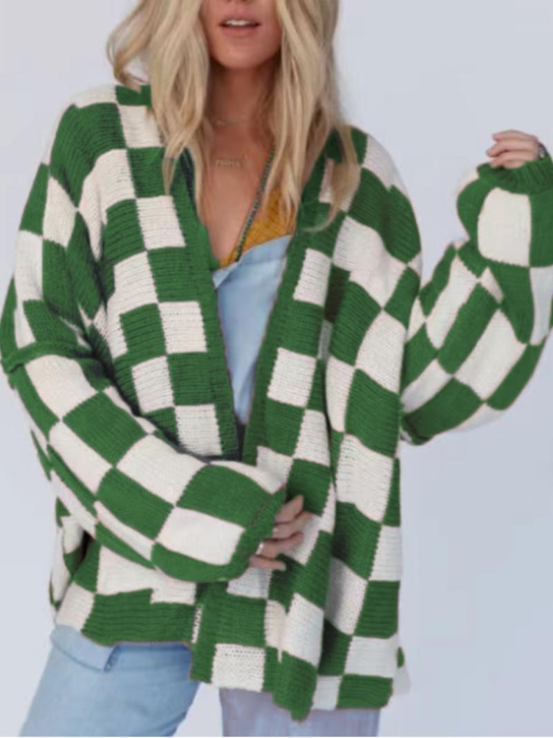 Christmas Deals Women's Checkerboard Pattern Drop Shoulder Cardigan, Casual Long Sleeve Open Front Knitwear for Summer, Fashion Ladies' Knit Clothing for Daily Wear, Christmas 2024 Trend, Fall&winter Clothing